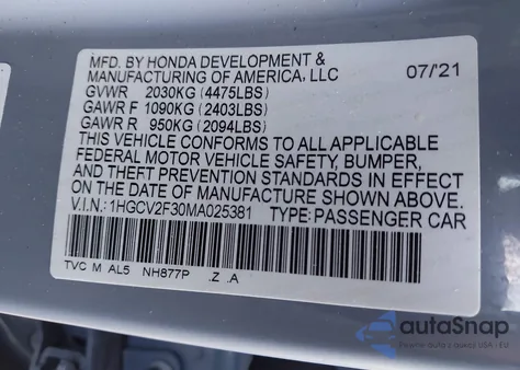 2021 Honda Accord Sport 2.0T z USA, uszkodzony, nr VIN 1HGCV2F30MA025381